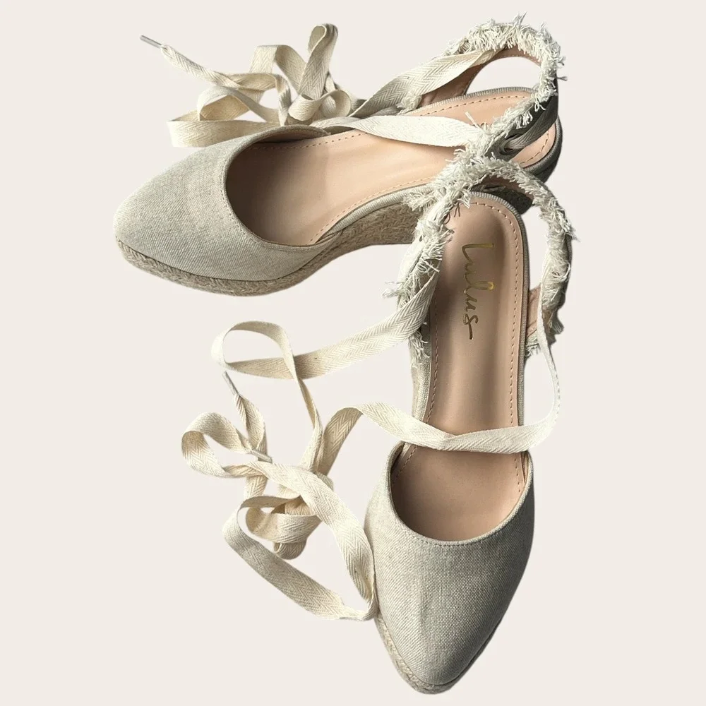 Lulus Elsinore Linen Lace-Up Espadrille Wedges Beige Closed‎ Toe 7.5 NWOT